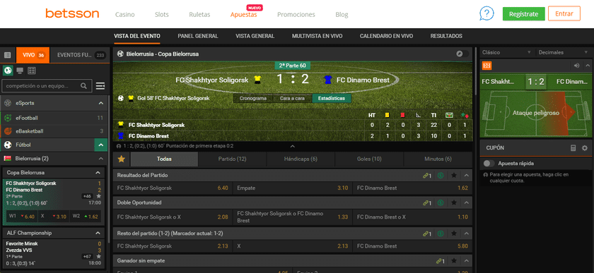 panel de apuestas en directo Betsson