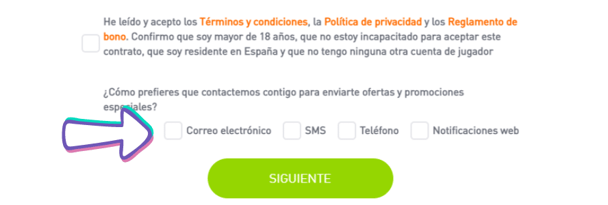 registro correcto para recibir promociones y bonos de casino