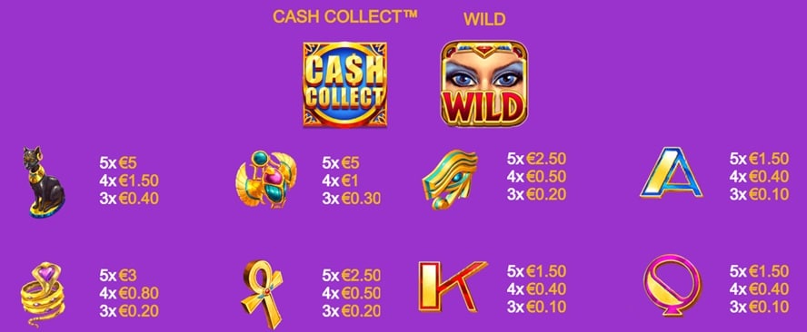 valor de los símbolos Queen of the Pyramids Mega Cash Collect