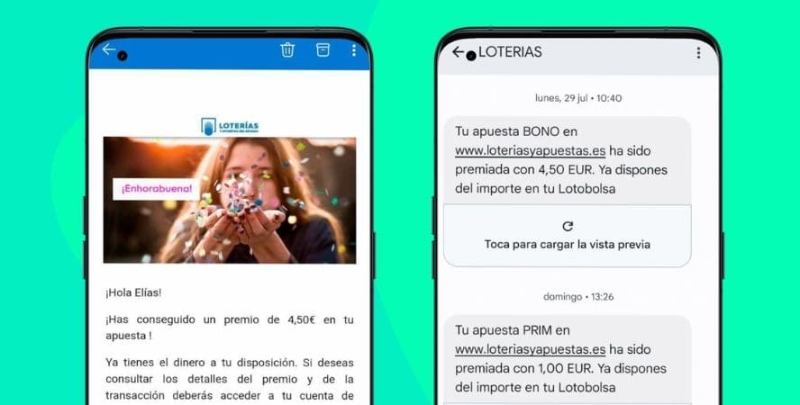 versión móvil mensajes sms y email de Loterías y Apuestas del Estado Online