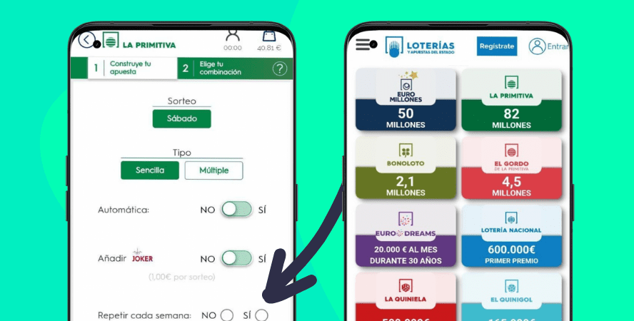 versión móvil programar tus jugadas favoritas y mostrar botes acumulados de Loterías y Apuestas del Estado Online