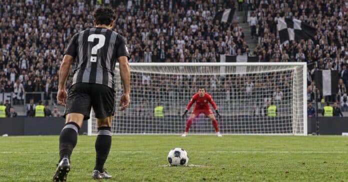 Jugador de espaldas con un signo de interrogación en lugar del dorsal, preparado para lanzar un penalti ante un portero en posición de parada y las gradas llenas de público.