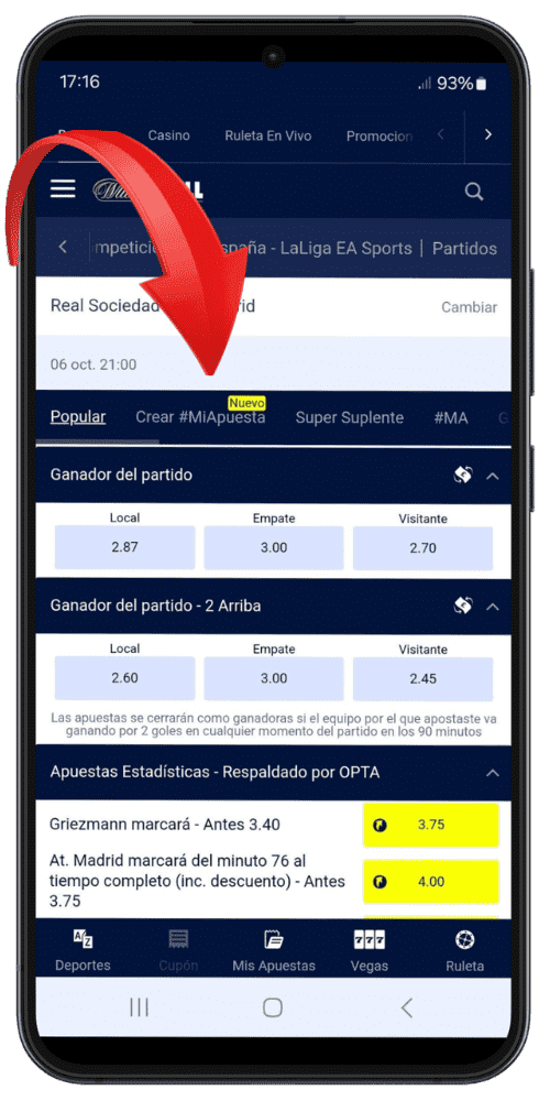 Ejemplo Activa la opción Bet Builder