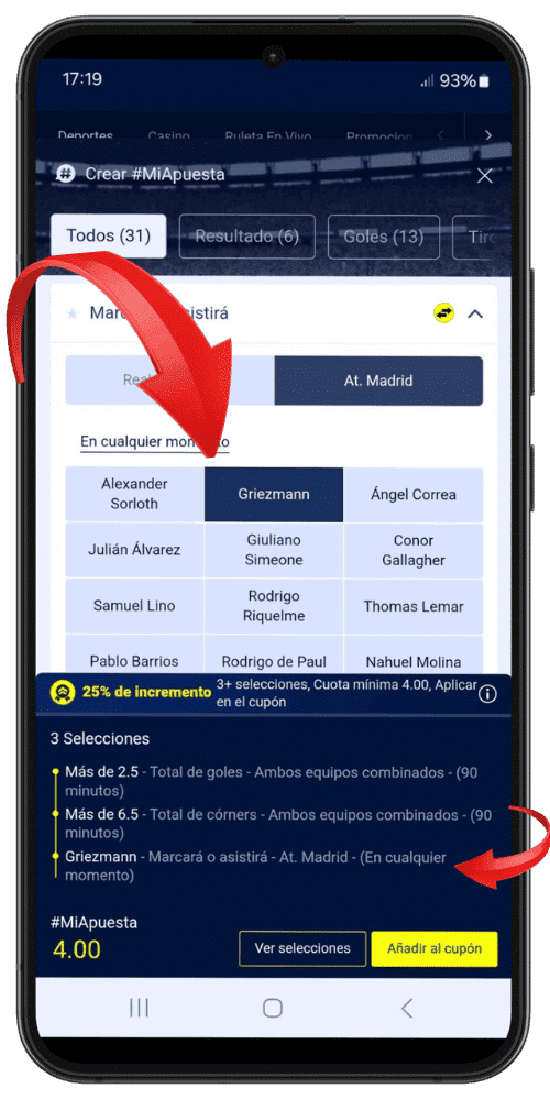 Ejemplo Selecciona los mercados para tu apuesta