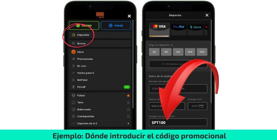 ejemplo de cómo insertar el código promocional de 888sport para el bono de apuestas deportivas
