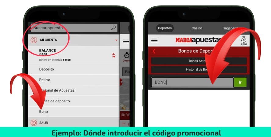 ejemplo de cómo insertar el código promocional de marca apuestas para el bono de apuestas deportivas