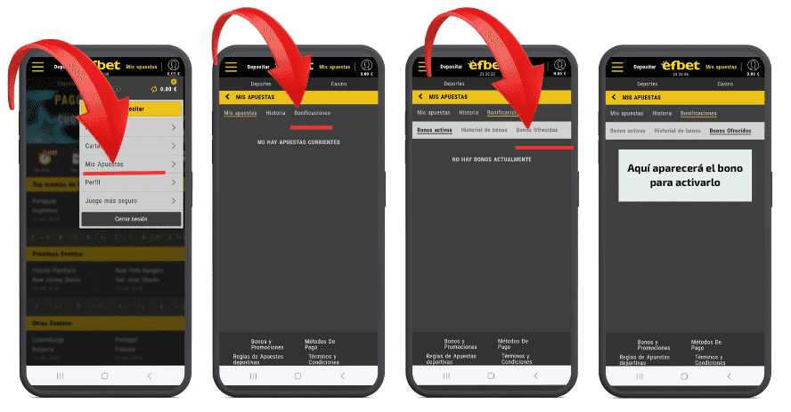 ejemplo de cómo activar el bono de apuestas deportivas de Efbet