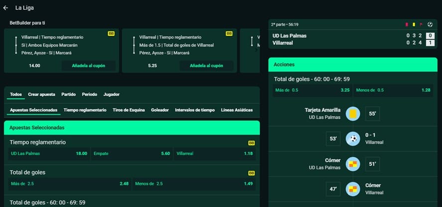 panel de apuestas en directo