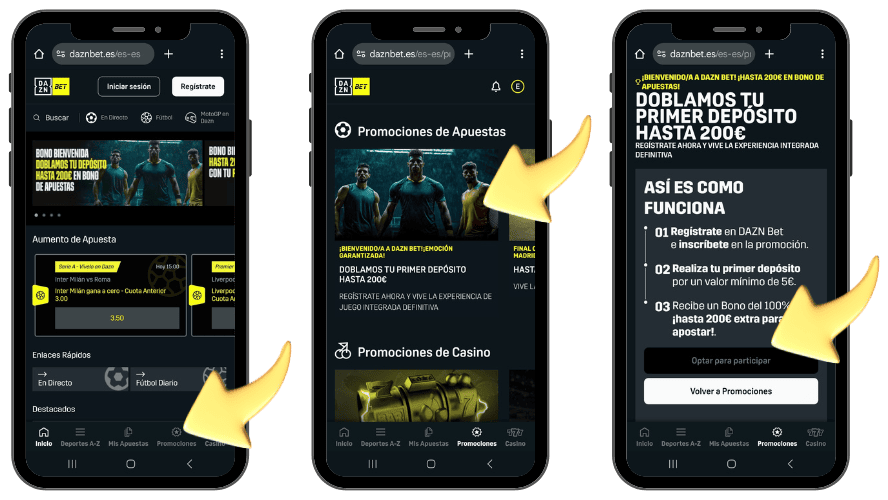ejemplo de cómo activar el bono de apuestas deportivas de DAZN Bet